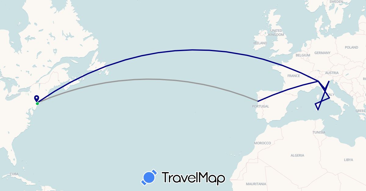 TravelMap itinerary: driving, bus, plane in Italy, Portugal, United States (Europe, North America)